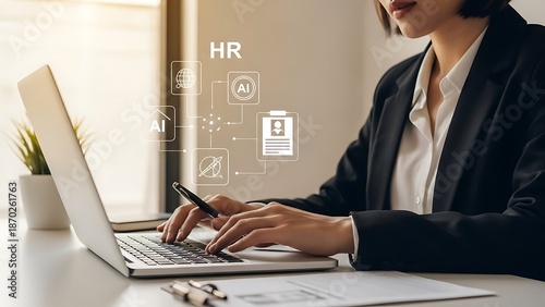 Professional Woman Using Laptop with Digital Hr and Ai Icons in Modern Office