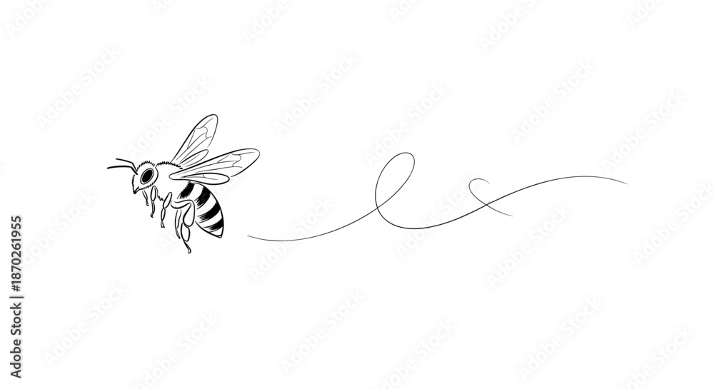 Obraz premium A black and white illustration of a flying bee with a trail
