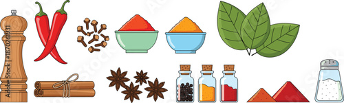 Cooking Spices and Seasonings Vector Set with Herbs, Chili Peppers, Pepper Mill, Cinnamon, Salt, and Assorted Flavor Ingredients for Culinary Design