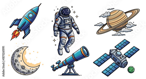 Astronaut and space objects including rocket with planet and moon