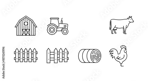 Farm icons including barn, tractor, cow, fence, hay bale, and rooster