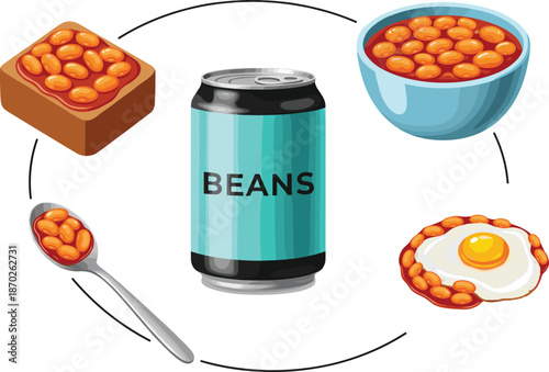 Baked Beans Food Vector Set with Canned Beans, Bowl, Toast, Spoon, and Fried Egg Illustrations for Breakfast, Nutrition, and Packaging Designs