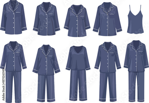 Collection of blue silk or satin pajama sets and separates on a white background