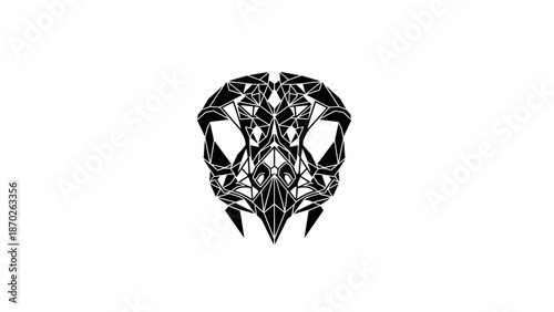 Black and white illustration of a stylized animal skull with intricate patterns on a
