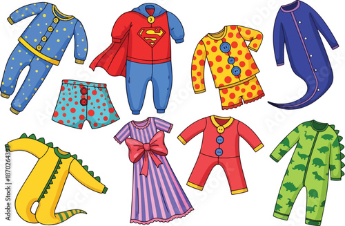 Collection of cartoon childrens pajamas and sleepwear illustrations