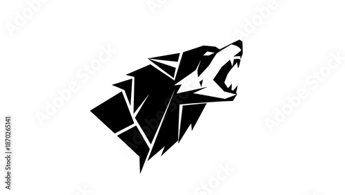 Geometric mosaic illustration of a wolf's head in black and white on a plain background.