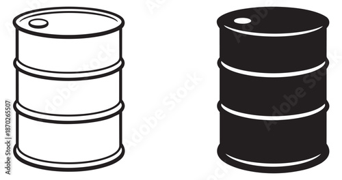 Line art and solid silhouette industrial drum set featuring two metal barrels for oil and energy concepts