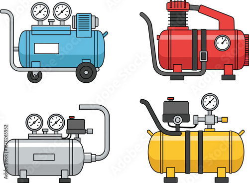 Air Compressor Vector Set with Portable Industrial Compressors, Pressure Gauges, Tanks, and Hoses for Workshop, Garage, and Engineering Illustrations