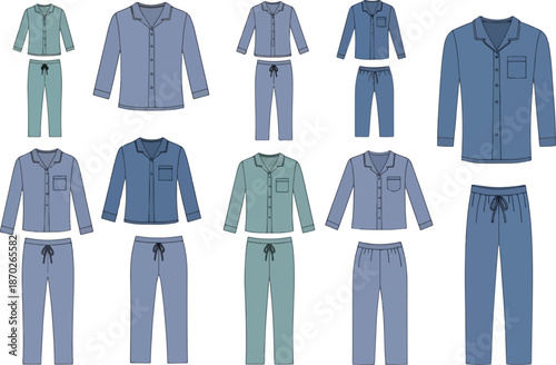 Collection of illustrated mens longsleeved pajama sets in blue and teal tones