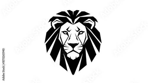 Geometric illustration of a lion's head in black and white with a stylized mane