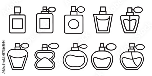 A diverse collection of minimalist outline icons showcasing various styles of perfume bottles.