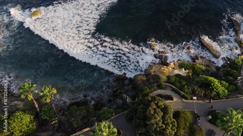 Aerial view of a coastal park with a lawn bowling green above the ocean, framed by palm trees, walking paths, rocky shoreline, and calm blue water.