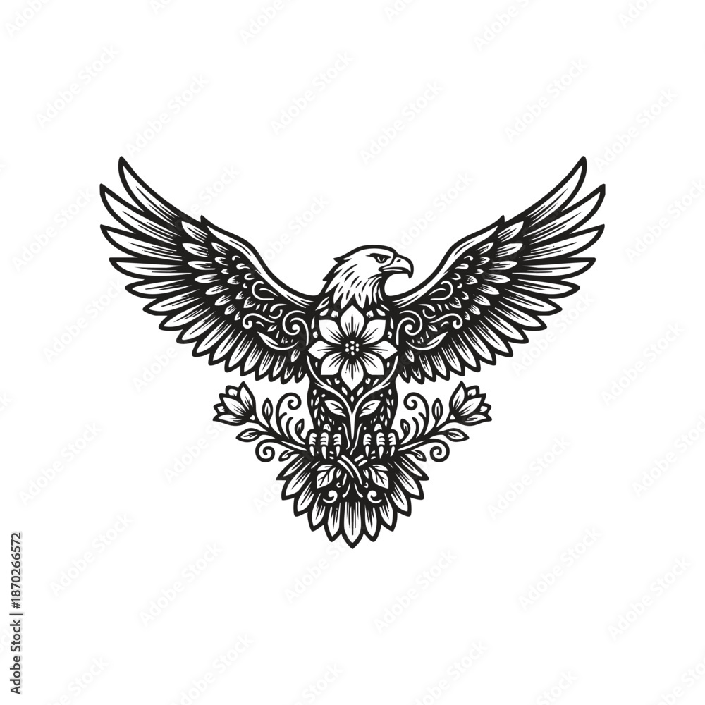 Fototapeta premium Majestic eagle illustration with wings spread wide, featuring a central floral motif and intricate botanical patterns throughout its feathers, artistic black and white predatory bird design isolated