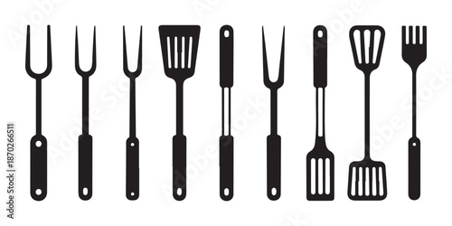 Barbecue Utensils Silhouette. Grill Spatula, Fork, Tongs Set for BBQ Cooking.