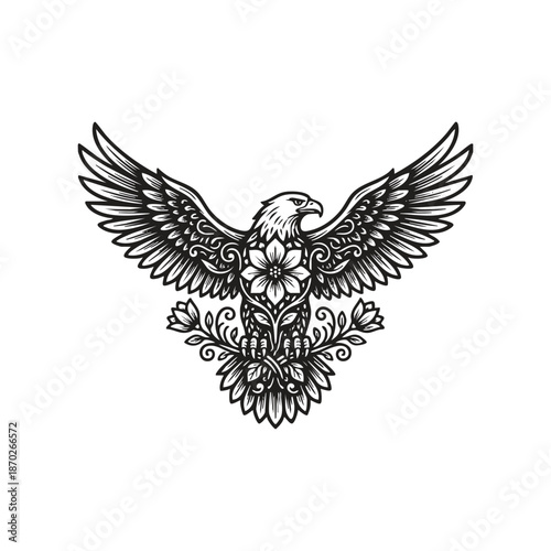 Majestic eagle illustration with wings spread wide, featuring a central floral motif and intricate botanical patterns throughout its feathers, artistic black and white predatory bird design isolated