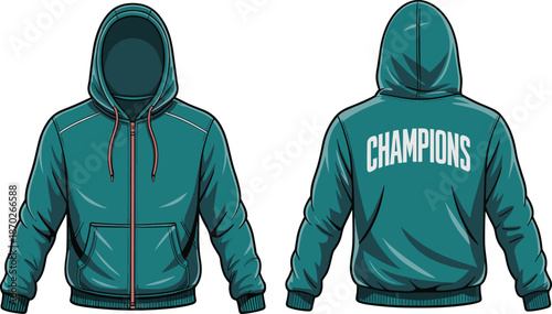 Zip hoodie jacket vector illustration showing front and back views modern streetwear apparel mockup design for fashion branding use template