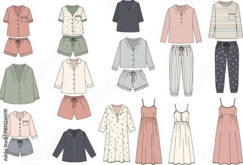 Collection of illustrated womens pajama sets separates and nightgowns