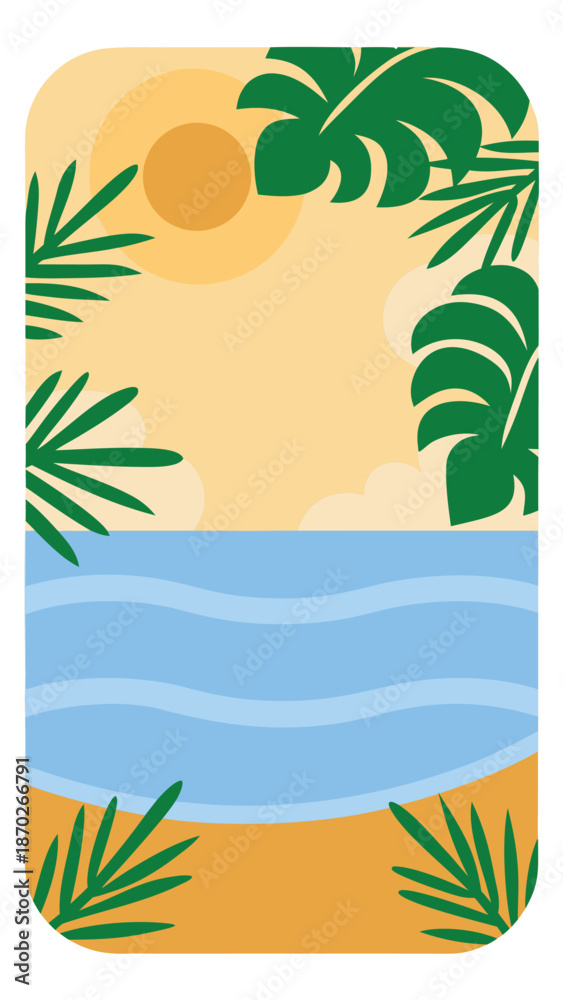 Obraz premium Vertical Flat Vector Tropical Beach and Palm Leaf Frame Background