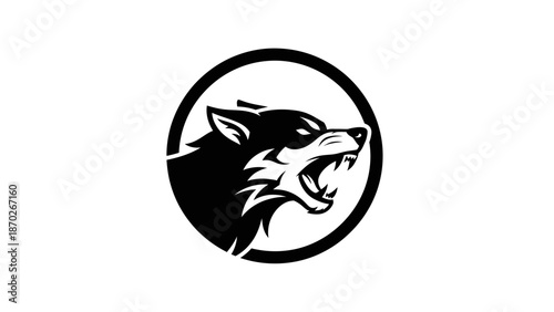 A black and white illustration of a snarling wolf's head in a circular frame on a white