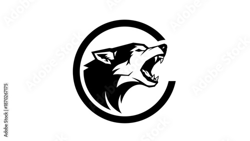 Black and white illustration of a snarling wolf's head in a circle on a white background.