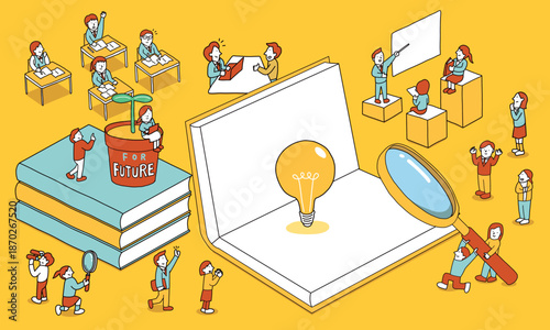 学生たちが学校や塾などでの学習を通じて未来・将来に向けた成長をするイラスト
