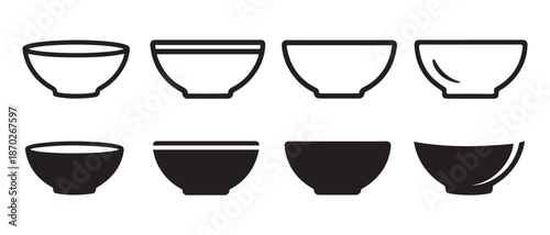Set of Ceramic Bowls Icons, Outline and Silhouette, Various Design.