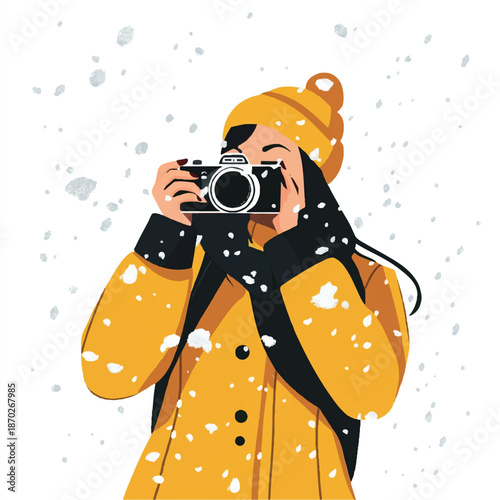 Photographer capturing winter scene with camera in snowy weather focused