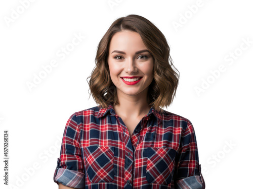 Smiling young woman in red plaid shirt posing cheerfully isolated on transparent background