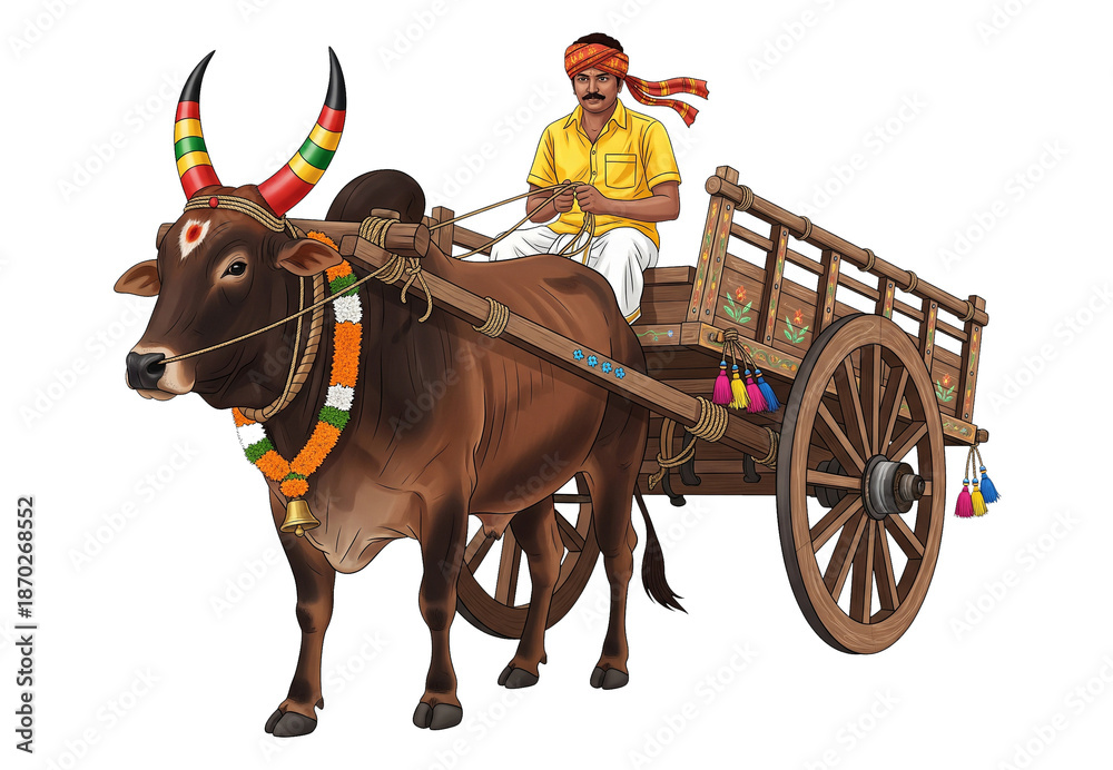 Fototapeta premium Indian Bull Cart Illustration for Pongal Festival Celebration with Decorated Bull and Farmer (PNG) Transparnt