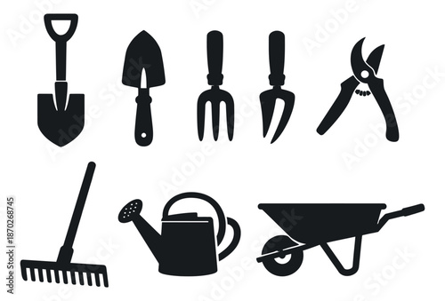 Flat design gardening tool set featuring various garden tools for horticulture