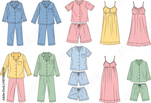 Flat lay illustrations of various styles of pajamas and nightgowns in pastel colors