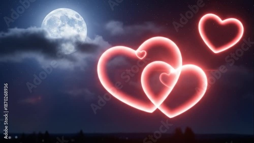 A nighttime scene with a full moon shining through clouds, illuminating two large glowing red hearts and three smaller ones