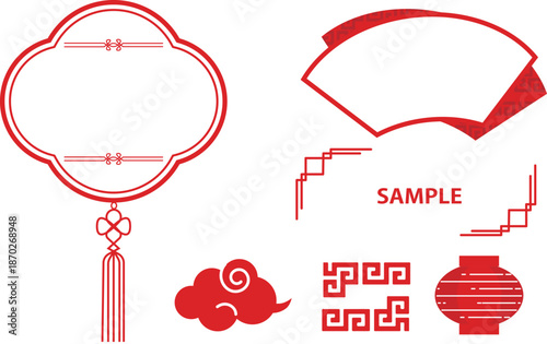 赤い中華風フレーム装飾イラスト素材セット