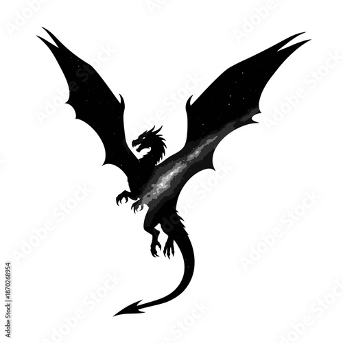 Majestic dragon in flight with starry night sky silhouette