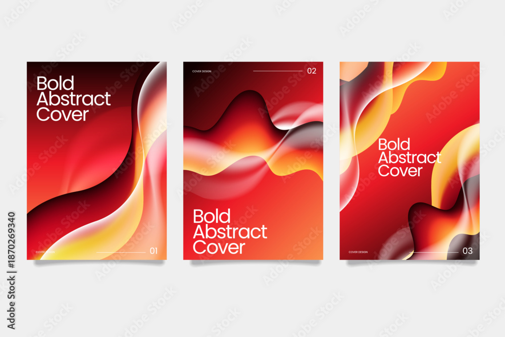 Fototapeta premium Abstract flyer set with bold red and orange fluid wave designs. Modern cover template featuring dynamic liquid shapes and glowing gradients.