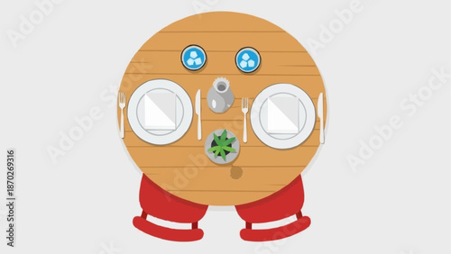 Cute Cartoon Table Setting With Plates and Cutlery.