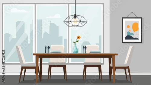 Modern dining room with large window and city view.