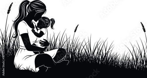 Loving mother holding baby in grass silhouette isolated on white background motherhood care tenderness parenting vector illustration concept