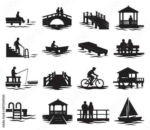 Silhouette waterfront activities set featuring people, piers, bridges, and boats for outdoor recreation