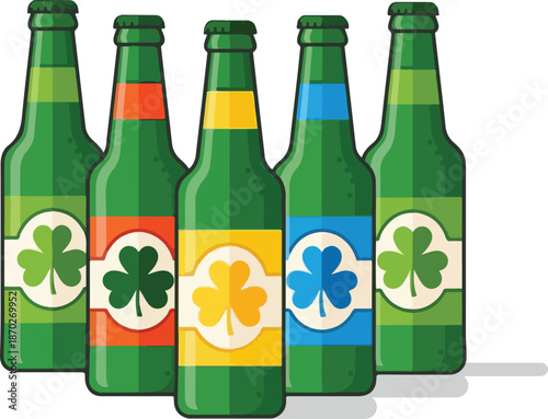 A row of green glass bottles with colorful labels and shamrocks standing on a white background