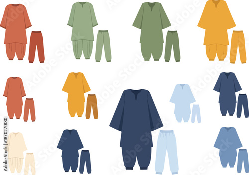 Repeating pattern of mens traditional South Asian shalwar kameez outfits in various colors