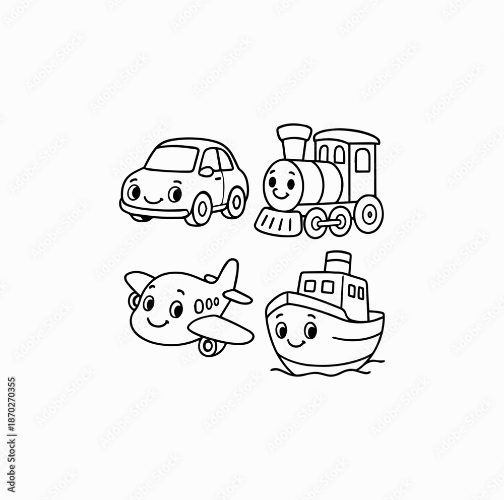 Obraz premium Vehicles with Friendly Faces Coloring Page for Kids