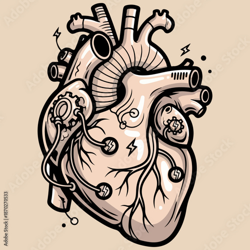 Steampunk Anatomical Heart Vector Illustration, Vintage Engraving Style