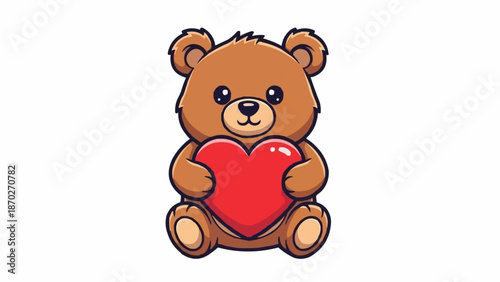 Cute cartoon teddy bear holding a red heart symbol.
