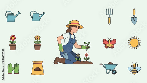 Gardener planting flowers surrounded by gardening tools and nature icons.