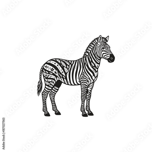 Artistic zebra illustration in a standing pose, featuring its iconic stripes seamlessly blended with intricate floral patterns, blooming flowers, and botanical leaf details