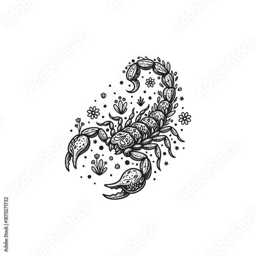 Artistic scorpion illustration in a dynamic pose with its stinger raised, featuring intricate floral patterns, blooming flowers, and botanical leaf details across its segmented body and claws