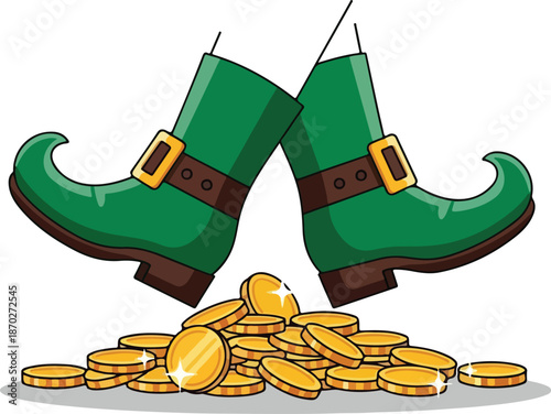 Illustration of green boots with gold coins scattered around them on a white background