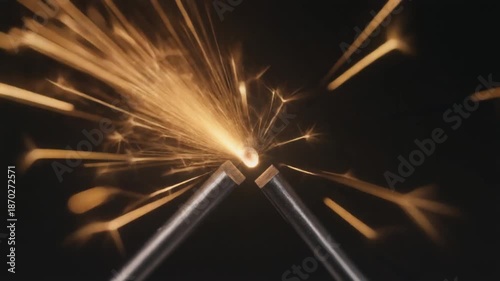 Welding Process with Sparks Flying Closeup.