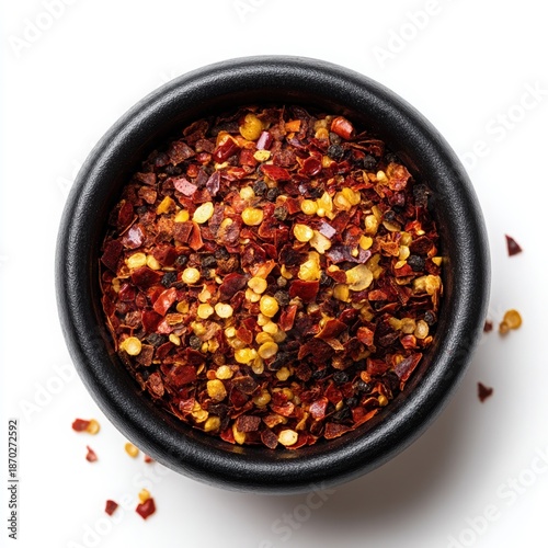 Vibrant red chili flakes in a round black bowl on a clean white background captured from a top down perspective